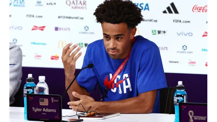 Tyler Adams of United States reacts during the USA Press Conference at Main Media Center on November 28, 2022 in Doha, Qatar.