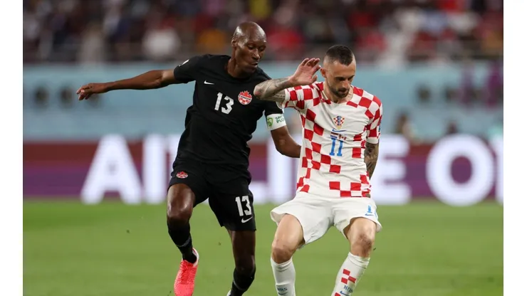 Marcelo Brozovic of Croatia controls the ball under pressure of Atiba Hutchinson of Canada