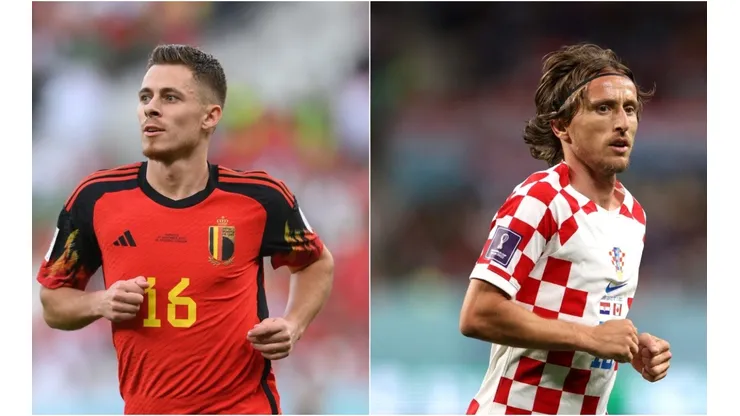 Thorgan Hazard of Belgium (L) and Luka Modric of Croatia (R)