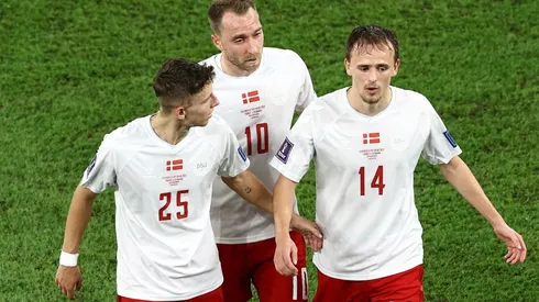Jesper Lindstrom, Christian Eriksen and Mikkel Damsgaard of Denmark