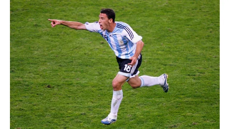 Maxi Rodriguez of Argentina celebrates scoring in extra time during the FIFA World Cup Germany 2006 Round of 16 match between Argentina and Mexico played at the Zentralstadion on June 24, 2006 in Leipzig, Germany.