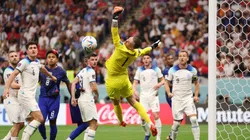 Jordan Pickford of England defends a United States attempt during the FIFA World Cup Qatar 2022 Group B match between England and USA at Al Bayt Stadium on November 25, 2022 in Al Khor, Qatar.