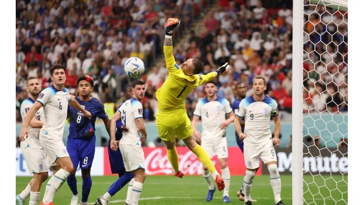 Jordan Pickford of England defends a United States attempt during the FIFA World Cup Qatar 2022 Group B match between England and USA at Al Bayt Stadium on November 25, 2022 in Al Khor, Qatar.