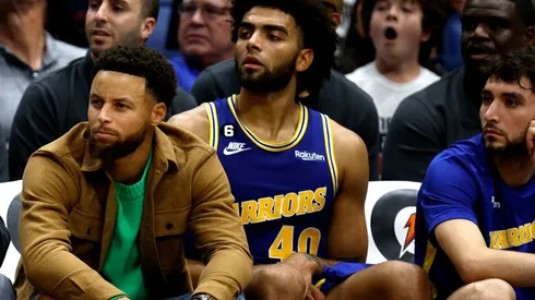 Stephen Curry of the Golden State Warriors on the bench
