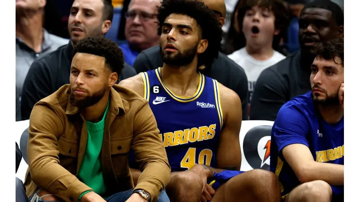Stephen Curry of the Golden State Warriors on the bench