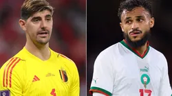 Thibaut Courtois of Belgium and Sofiane Boufal of Morocco
