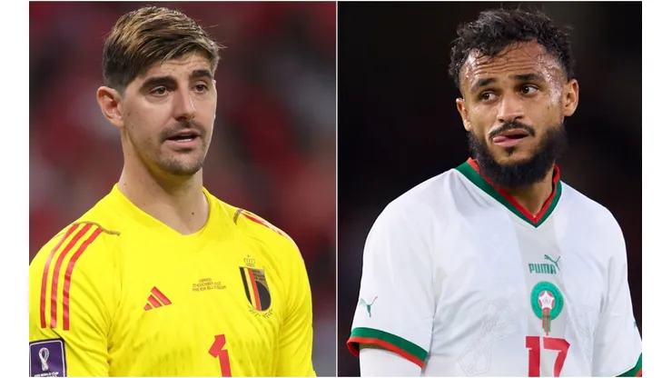 Thibaut Courtois of Belgium and Sofiane Boufal of Morocco