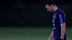 Manager, Lionel Scaloni kicks a ball during the training session for Team Argentina at Qatar University on November 19, 2022 in Doha, Qatar.