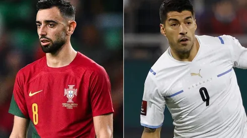 Bruno Fernandes of Portugal and Luis Suarez of Uruguay