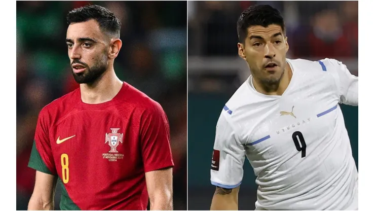 Bruno Fernandes of Portugal and Luis Suarez of Uruguay