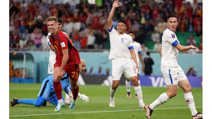 Dani Olmo of Spain celebrates after scoring their team's first goal during the FIFA World Cup Qatar 2022 Group E