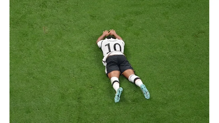 Serge Gnabry of Germany reacts during the FIFA World Cup Qatar 2022 Group E match between Germany and Japan at Khalifa International Stadium on November 23, 2022 in Doha, Qatar.