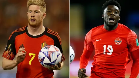 Kevin De Bruyne of Belgium (L) and Alphonso Davies of Canada (R)