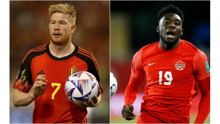 Kevin De Bruyne of Belgium (L) and Alphonso Davies of Canada (R)