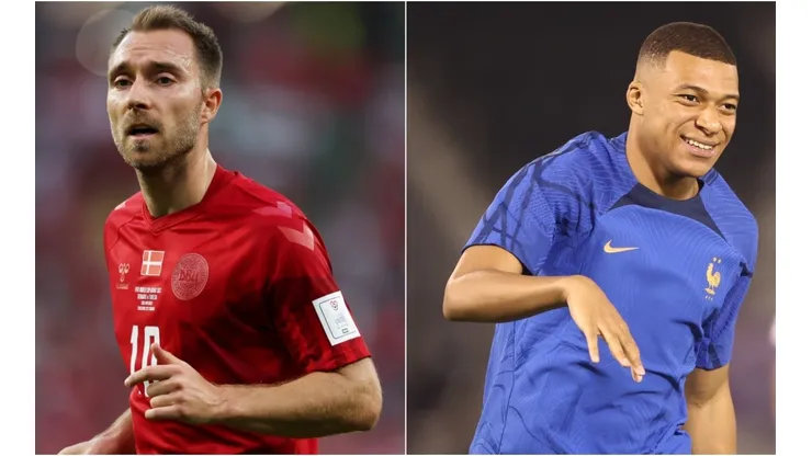 Christian Eriksen of Denmark (L) and Kylian Mbappe of France (R)