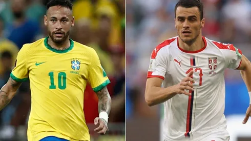 Neymar Jr. of Brazil and Filip Kostic of Serbia