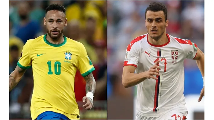 Neymar Jr. of Brazil and Filip Kostic of Serbia