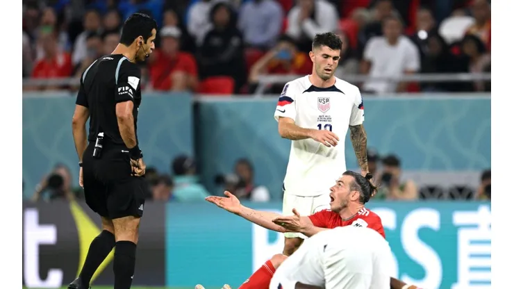Gareth Bale of Wales reacts towards referee Abdulrahman Al Jassi