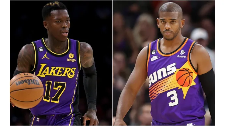 Dennis Schroder of the Los Angeles Lakers and Chris Paul of the Phoenix Suns