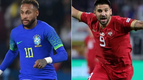 Neymar of Brazil and Aleksandar Mitrovic of Serbia