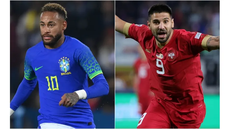 Neymar of Brazil and Aleksandar Mitrovic of Serbia