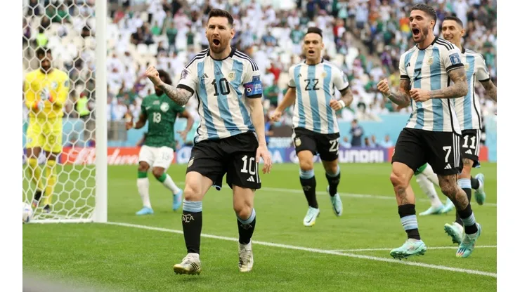 Lionel Messi of Argentina celebrates after scoring from the penalty spot during the FIFA World Cup against Saudi Arabia at Lusail Stadium
