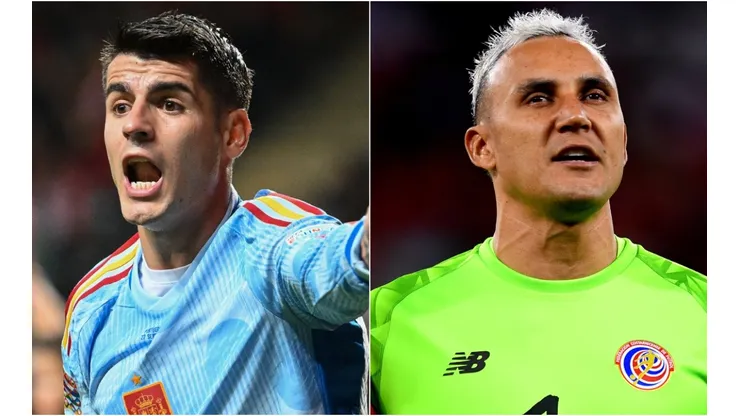Alvaro Morata of Spain and Keylor Navas of Costa Rica