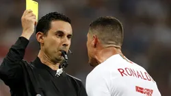 Cristiano Ronaldo sees the yellow card in Russia 2018.