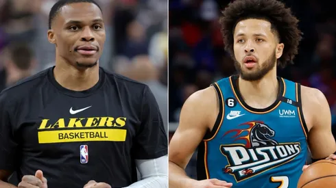 Russell Westbrook of the Los Angeles Lakers and Cade Cunningham of the Detroit Pistons