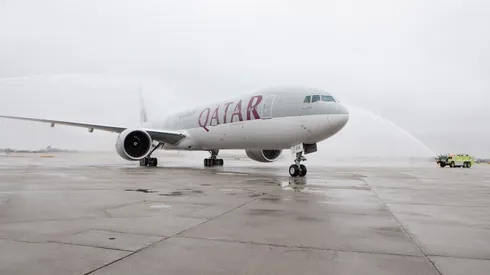 Qatar Airways' inaugural passenger flight to Chicago is welcomed by a traditional water salute at Chicago O'Hare Airport on April 10, 2013.