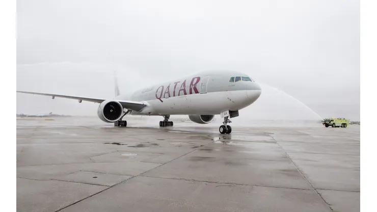 Qatar Airways' inaugural passenger flight to Chicago is welcomed by a traditional water salute at Chicago O'Hare Airport on April 10, 2013.