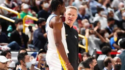 Jonathan Kuminga (left) and Steve Kerr.