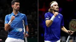 Novak Djokovic of Serbia and Stefanos Tsitsipas of Greece