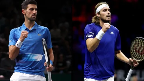 Novak Djokovic of Serbia and Stefanos Tsitsipas of Greece
