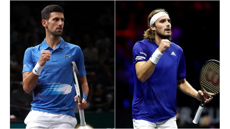 Novak Djokovic of Serbia and Stefanos Tsitsipas of Greece