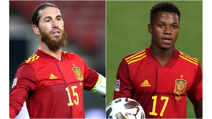 Sergio Ramos and Ansu Fati of Spain
