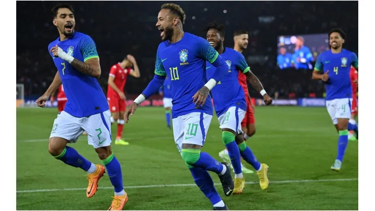 Neymar of Brazil celebrates after scoring