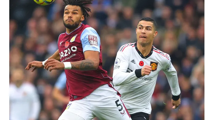 Tyrone Mings of Aston Villa and Cristiano Ronaldo of Manchester United