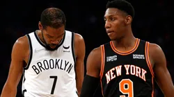 Kevin Durant of the Brooklyn Nets and RJ Barrett of the New York Knicks