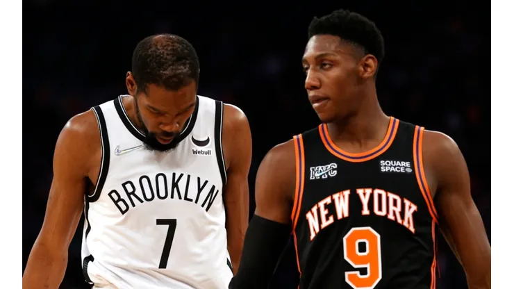 Kevin Durant of the Brooklyn Nets and RJ Barrett of the New York Knicks