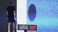 Sebastian Korda of USA reacts to call from the hawkeye electronic system