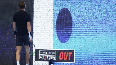 Sebastian Korda of USA reacts to call from the hawkeye electronic system