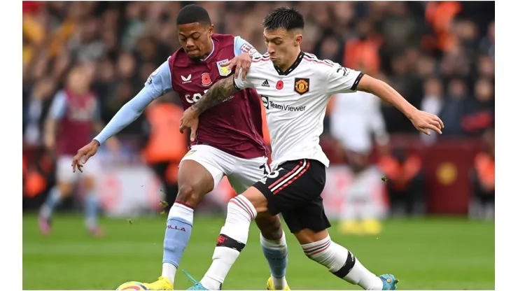 Lisandro Martinez of Manchester United challenges Leon Bailey of Aston Villa