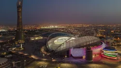 An aerial view of Khalifa Stadium stadium at sunrise on June 22, 2022 in Doha, Qatar.