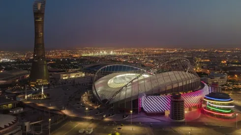 An aerial view of Khalifa Stadium stadium at sunrise on June 22, 2022 in Doha, Qatar.