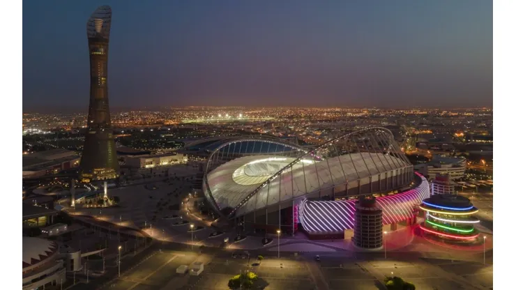 An aerial view of Khalifa Stadium stadium at sunrise on June 22, 2022 in Doha, Qatar.