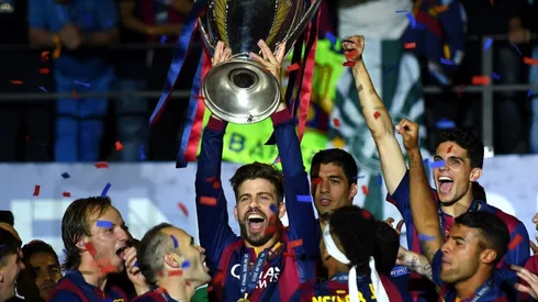 Gerard Pique of Barcelona with the 2014-15 UEFA Champions League