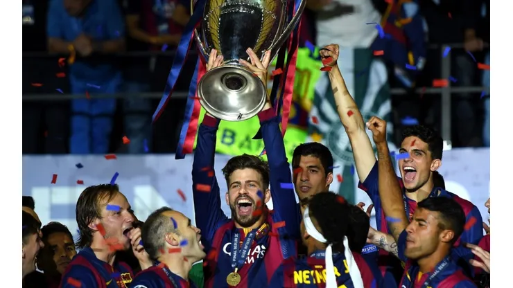 Gerard Pique of Barcelona with the 2014-15 UEFA Champions League