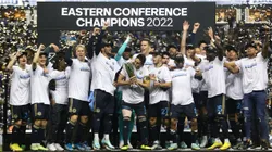 Alejandro Bedoya of Philadelphia Union hoists the trophy after the Union defeated New York City