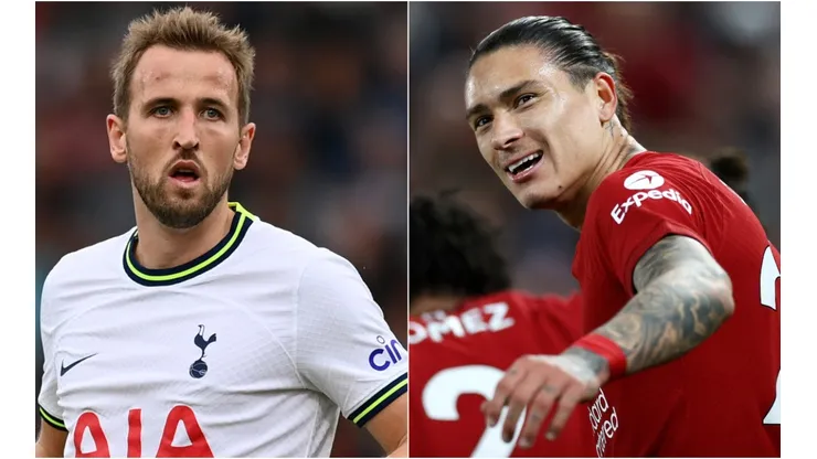 Harry Kane of Tottenham and Darwin Nunez of Liverpool